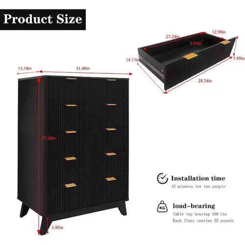Commode à 5 tiroirs de 122 cm de haut, style Mid-Century, avec panneaux texturés, rangement polyvalent pour chambre et salon, finition ton bois, montage facile