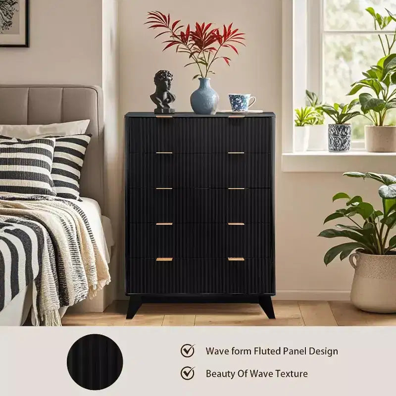 Commode à 5 tiroirs de 122 cm de haut, style Mid-Century, avec panneaux texturés, rangement polyvalent pour chambre et salon, finition ton bois, montage facile