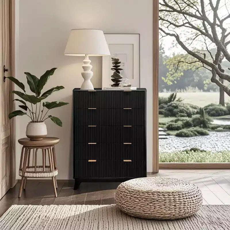 Commode à 5 tiroirs de 122 cm de haut, style Mid-Century, avec panneaux texturés, rangement polyvalent pour chambre et salon, finition ton bois, montage facile