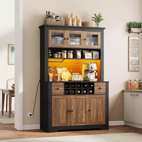68.7'' Farmhouse Coffee Bar Cabinet, Tall Wine Bar with 10 Racks, Coffee Bar Hutch with Storage for Living Room