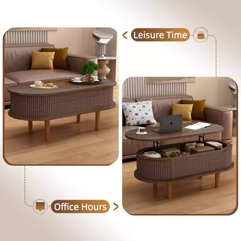 Table Basse Moderne Relevable avec Rangement Caché, Table Centrale Ovale Rustique pour Salon, Table Basse Relevable Gain de Place-Panipeachy