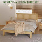 Lit en bois massif avec tête de lit en rotin naturel et lumières LED, aucun sommier tapissier requis, rangement en dessous, cadre de lit robuste et silencieux, assemblage facile