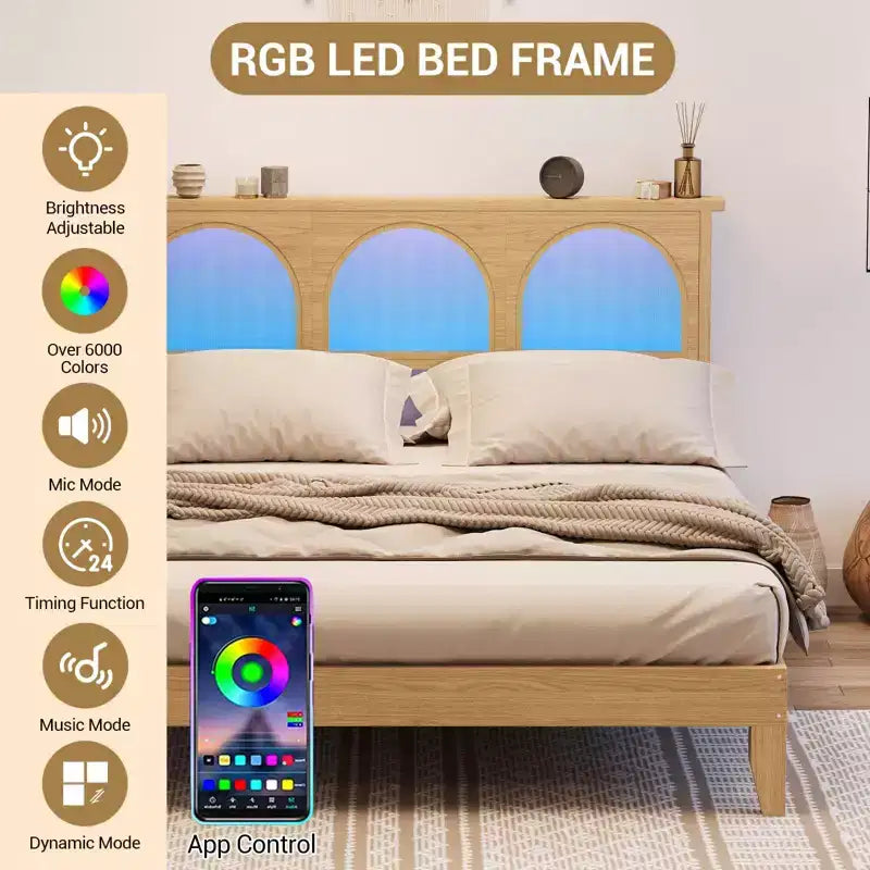 Lit en bois massif avec tête de lit en rotin naturel et lumières LED, aucun sommier tapissier requis, rangement en dessous, cadre de lit robuste et silencieux, assemblage facile