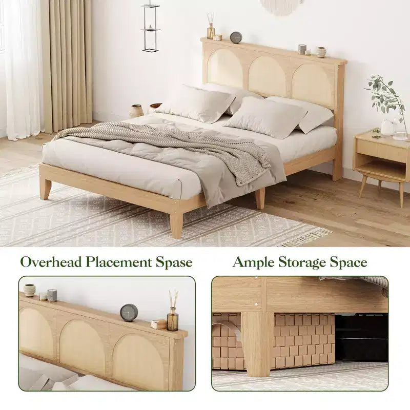 Lit en bois massif avec tête de lit en rotin naturel et lumières LED, aucun sommier tapissier requis, rangement en dessous, cadre de lit robuste et silencieux, assemblage facile