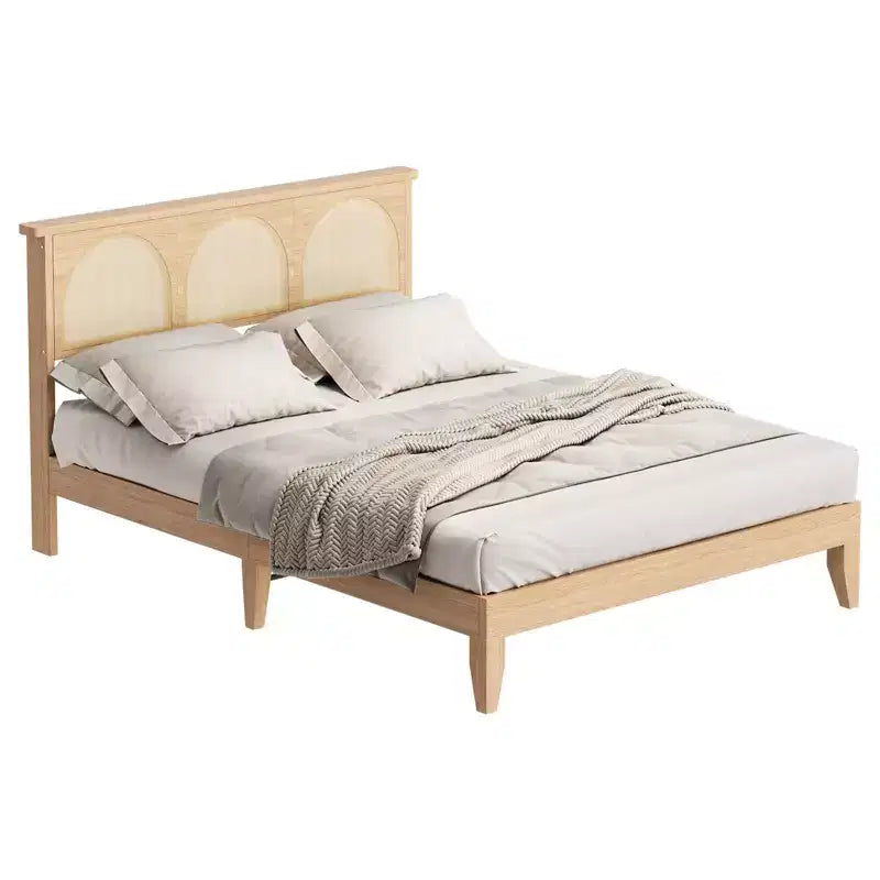 Lit en bois massif avec tête de lit en rotin naturel et lumières LED, aucun sommier tapissier requis, rangement en dessous, cadre de lit robuste et silencieux, assemblage facile