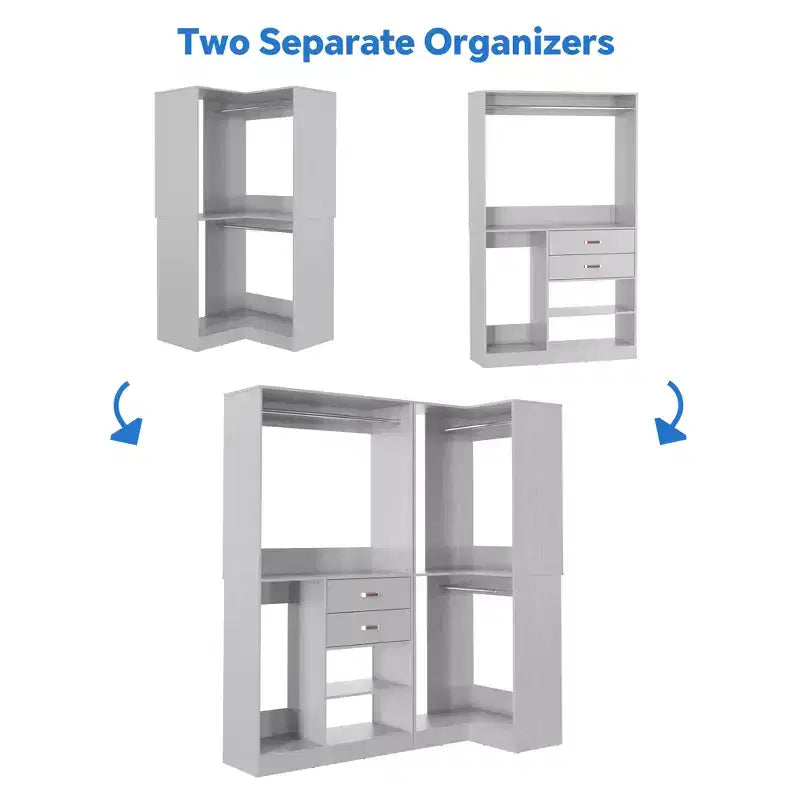 Besiost 71-Ensemble système de penderie autoportante avec tiroirs en bois, Organisateur de penderie d'angle avec tringles de suspension