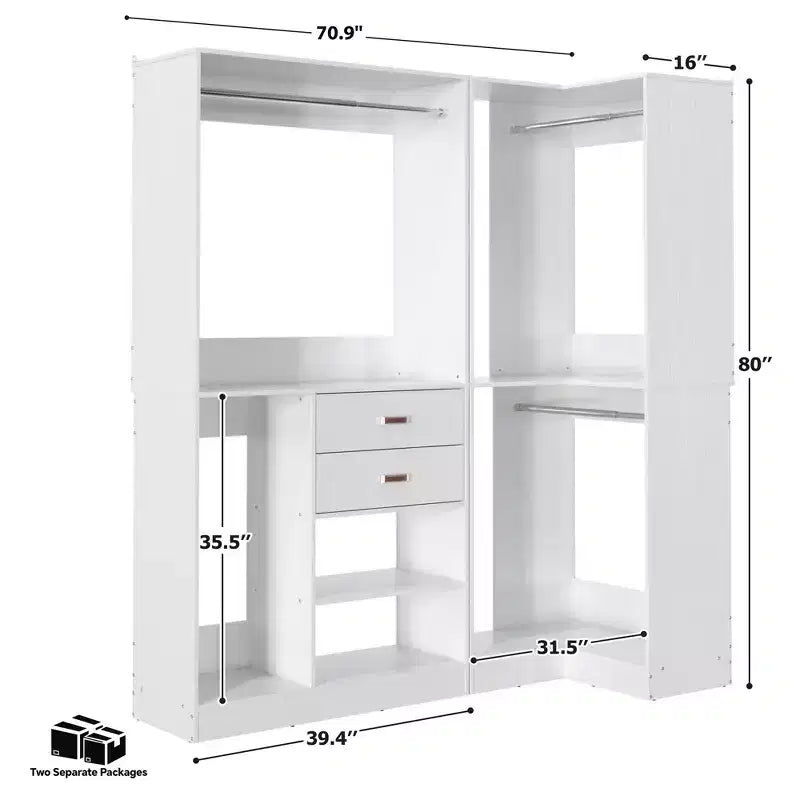 Besiost 71-Ensemble système de penderie autoportante avec tiroirs en bois, Organisateur de penderie d'angle avec tringles de suspension
