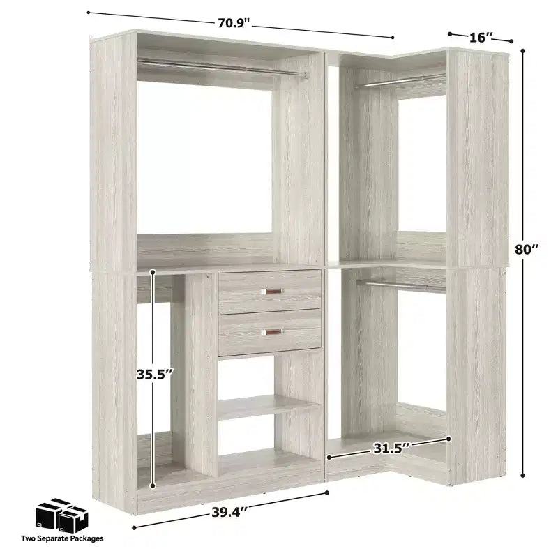 Besiost 71-Ensemble système de penderie autoportante avec tiroirs en bois, Organisateur de penderie d'angle avec tringles de suspension