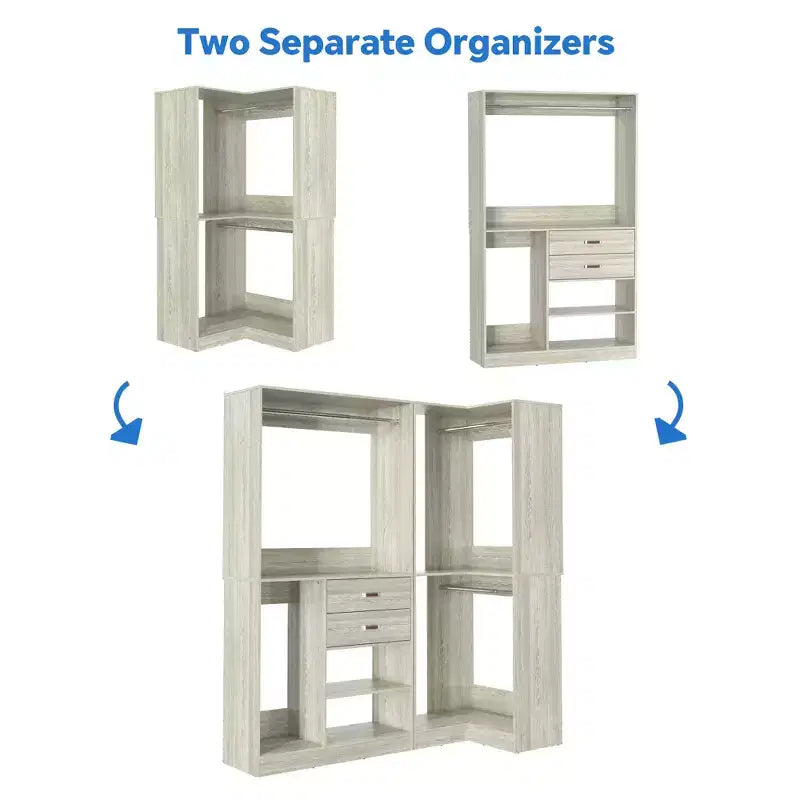 Besiost 71-Ensemble système de penderie autoportante avec tiroirs en bois, Organisateur de penderie d'angle avec tringles de suspension