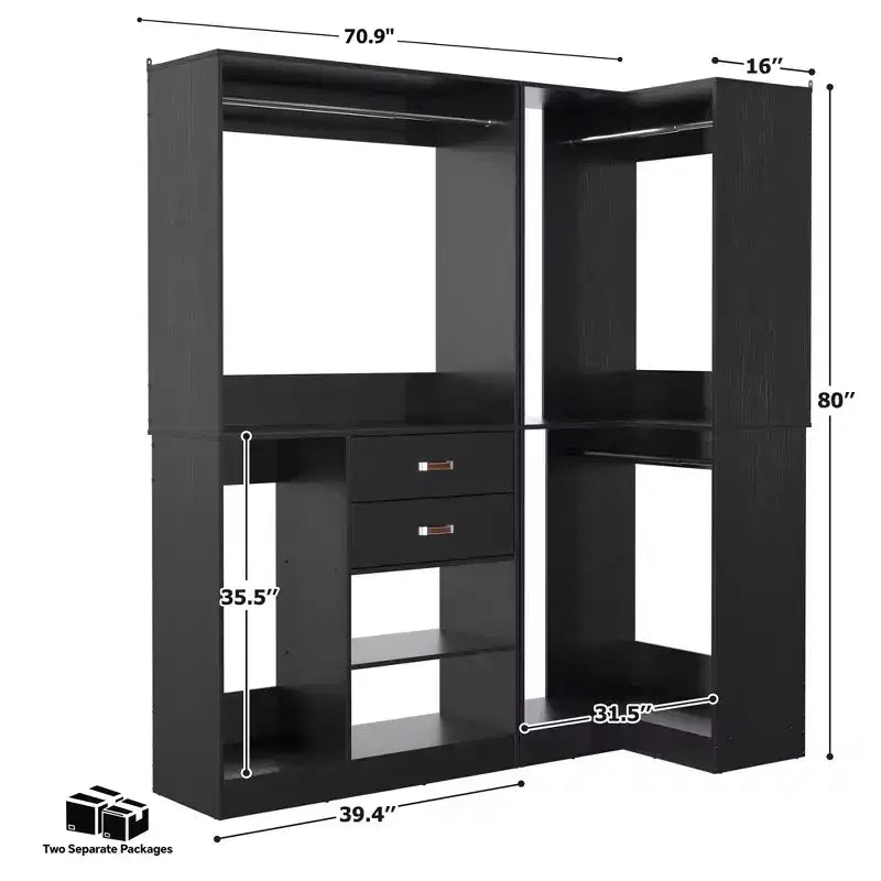 Besiost 71-Ensemble système de penderie autoportante avec tiroirs en bois, Organisateur de penderie d'angle avec tringles de suspension