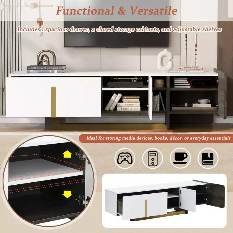 Meuble TV moderne avec tiroir pour téléviseurs de 70 pouces, meuble de rangement TV avec étagères réglables, centre de divertissement avec pieds en métal