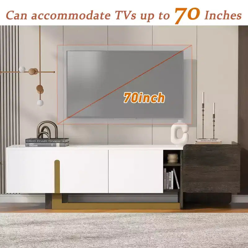 Meuble TV moderne avec tiroir pour téléviseurs de 70 pouces, meuble de rangement TV avec étagères réglables, centre de divertissement avec pieds en métal