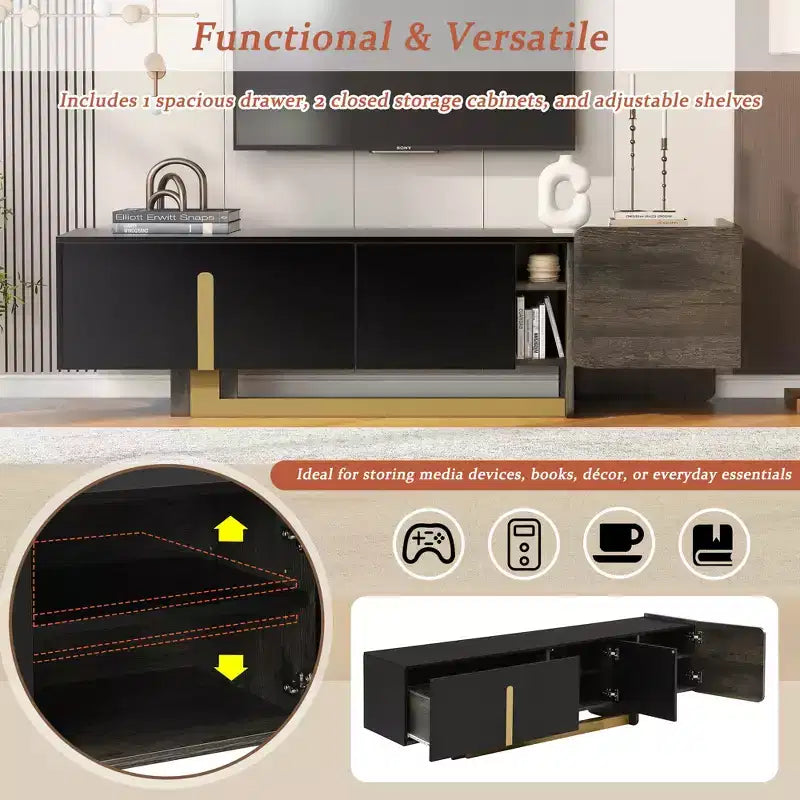 Meuble TV moderne avec tiroir pour téléviseurs de 70 pouces, meuble de rangement TV avec étagères réglables, centre de divertissement avec pieds en métal
