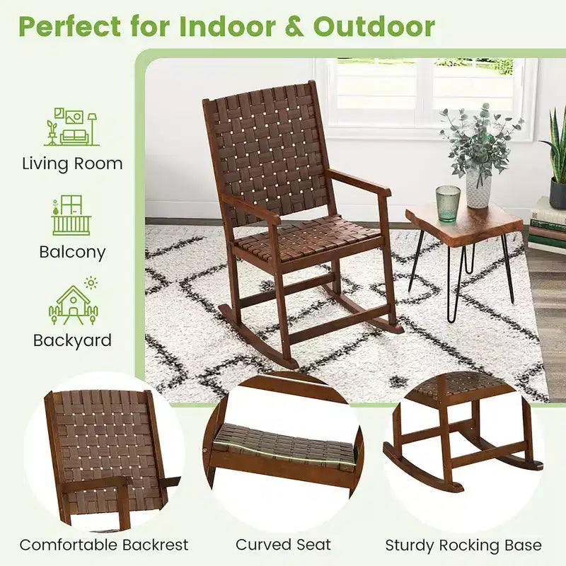 Costway Lot de 2 chaises à bascule avec assise en polyuréthane et cadre en bois d'hévéa, mouvement doux et sûr