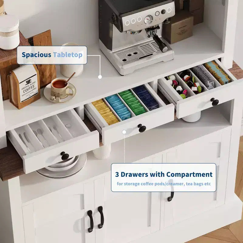 Meuble de bar avec lumière LED, buffet de bar à café de style rustique de 183 cm avec rangement, buffet avec support pour micro-ondes/étagère en verre/6 crochets/3 tiroirs
