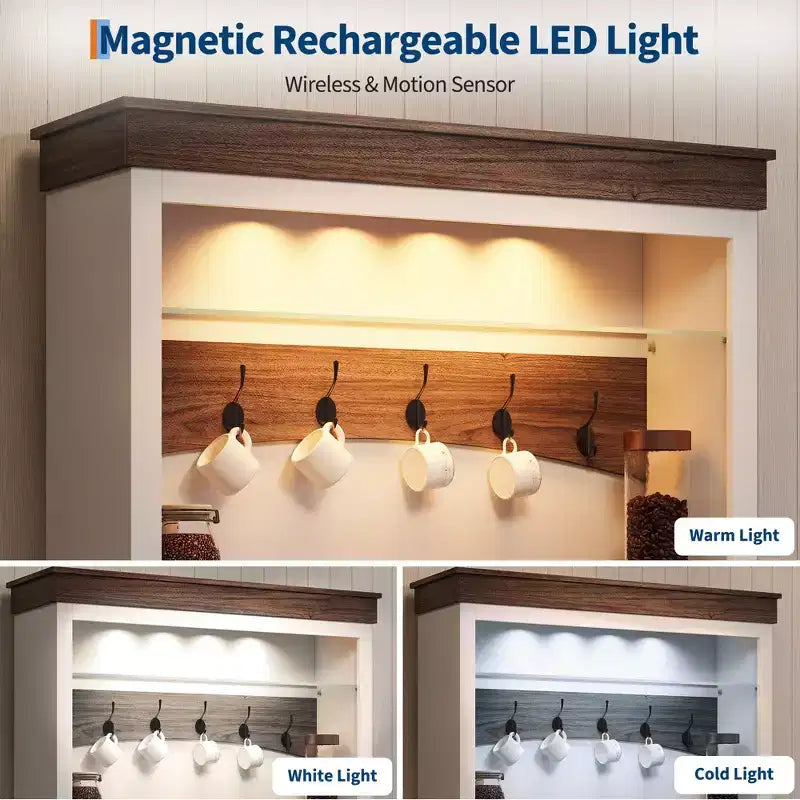 Meuble de bar avec lumière LED, buffet de bar à café de style rustique de 183 cm avec rangement, buffet avec support pour micro-ondes/étagère en verre/6 crochets/3 tiroirs