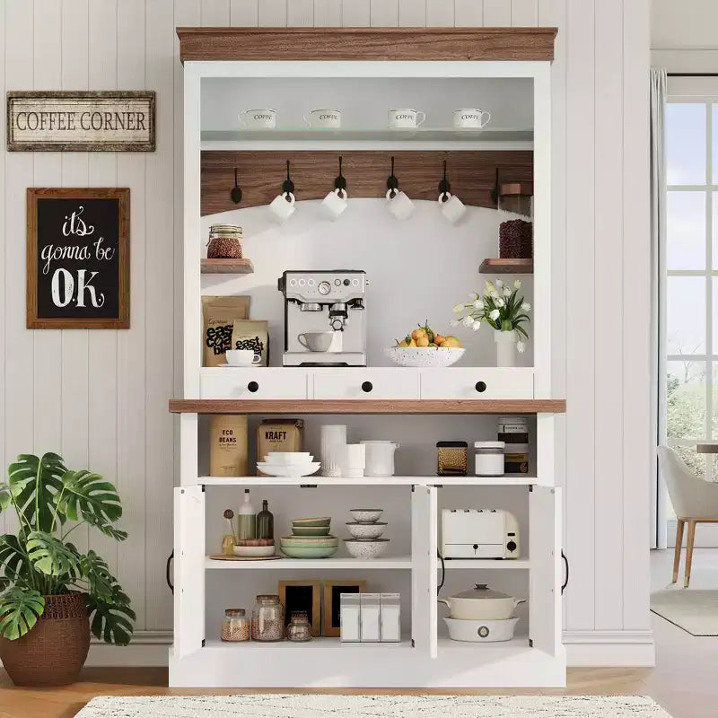 Meuble de bar avec lumière LED, buffet de bar à café de style rustique de 183 cm avec rangement, buffet avec support pour micro-ondes/étagère en verre/6 crochets/3 tiroirs