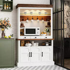 Meuble de bar avec lumière LED, buffet de bar à café de style rustique de 183 cm avec rangement, buffet avec support pour micro-ondes/étagère en verre/6 crochets/3 tiroirs