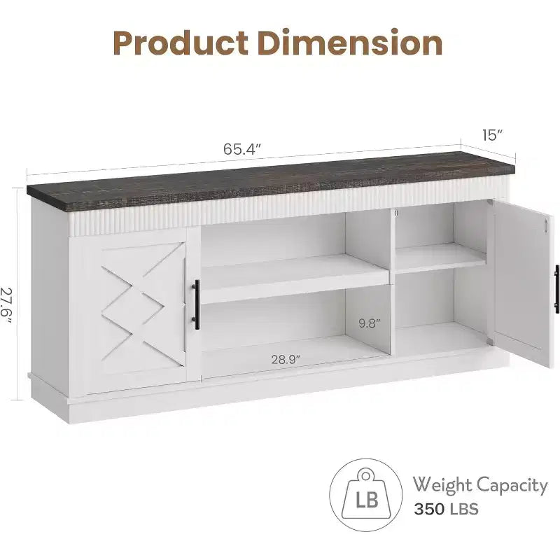 Meuble TV de Ferme pour TV de 70/75 pouces, Meuble TV de 165 cm de long avec 2 Portes et Étagère Ouverte, Consoles TV Rustiques Cannelées