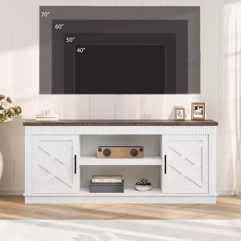 Meuble TV de Ferme pour TV de 70/75 pouces, Meuble TV de 165 cm de long avec 2 Portes et Étagère Ouverte, Consoles TV Rustiques Cannelées