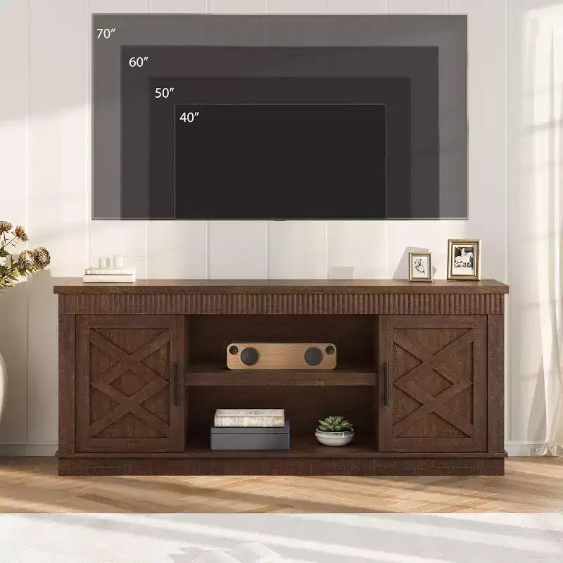 Meuble TV de Ferme pour TV de 70/75 pouces, Meuble TV de 165 cm de long avec 2 Portes et Étagère Ouverte, Consoles TV Rustiques Cannelées