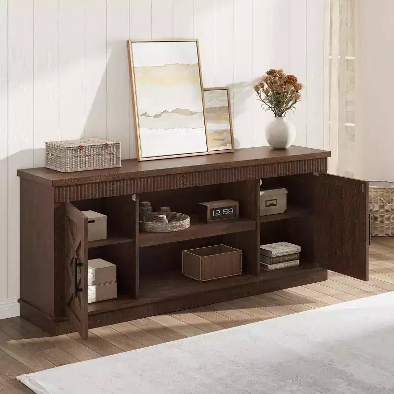 Meuble TV de Ferme pour TV de 70/75 pouces, Meuble TV de 165 cm de long avec 2 Portes et Étagère Ouverte, Consoles TV Rustiques Cannelées