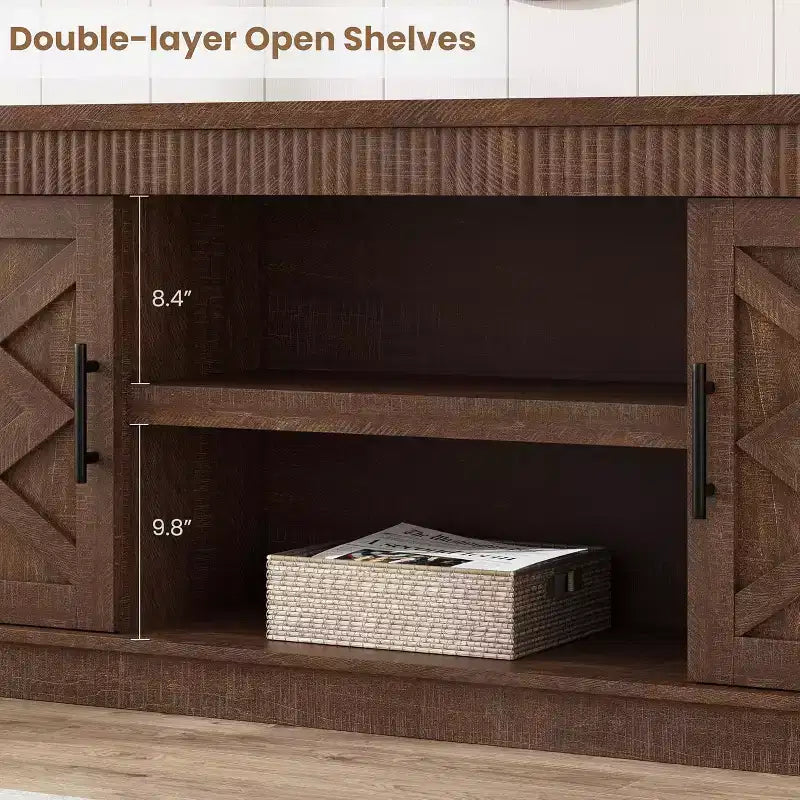 Meuble TV de Ferme pour TV de 70/75 pouces, Meuble TV de 165 cm de long avec 2 Portes et Étagère Ouverte, Consoles TV Rustiques Cannelées
