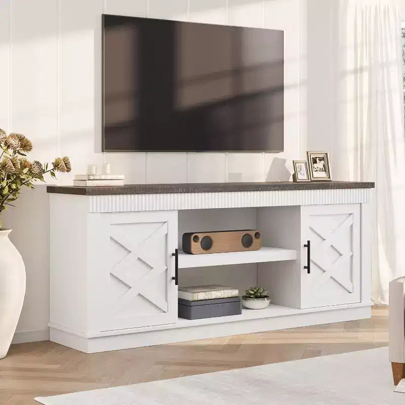 Meuble TV de Ferme pour TV de 70/75 pouces, Meuble TV de 165 cm de long avec 2 Portes et Étagère Ouverte, Consoles TV Rustiques Cannelées