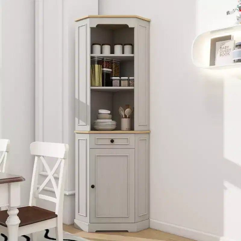 JVNOXK68 Armoire d'angle haute style bar rustique, meuble de rangement d'angle autoportant avec 1 porte, 1 tiroir et étagères réglables Blanc