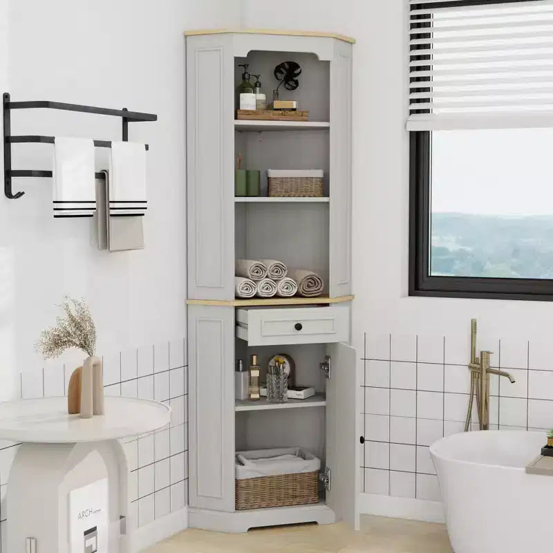 JVNOXK68 Armoire d'angle haute style bar rustique, meuble de rangement d'angle autoportant avec 1 porte, 1 tiroir et étagères réglables Blanc