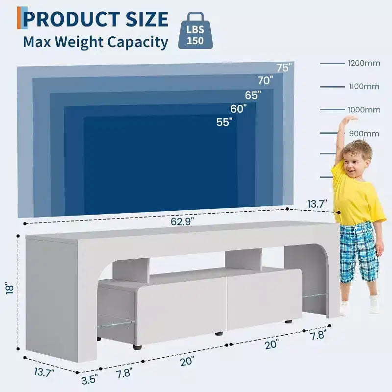 Meuble TV avec lumières LED, meuble TV moderne avec 2 tiroirs et étagère ouverte, console de rangement pour téléviseurs jusqu'à 70 pouces pour salon