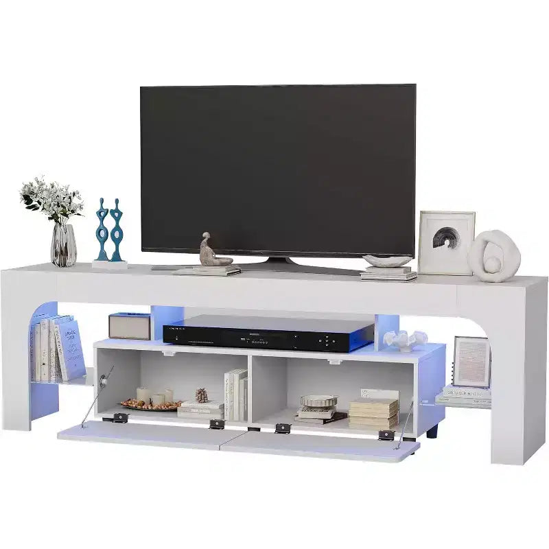 Meuble TV avec lumières LED, meuble TV moderne avec 2 tiroirs et étagère ouverte, console de rangement pour téléviseurs jusqu'à 70 pouces pour salon