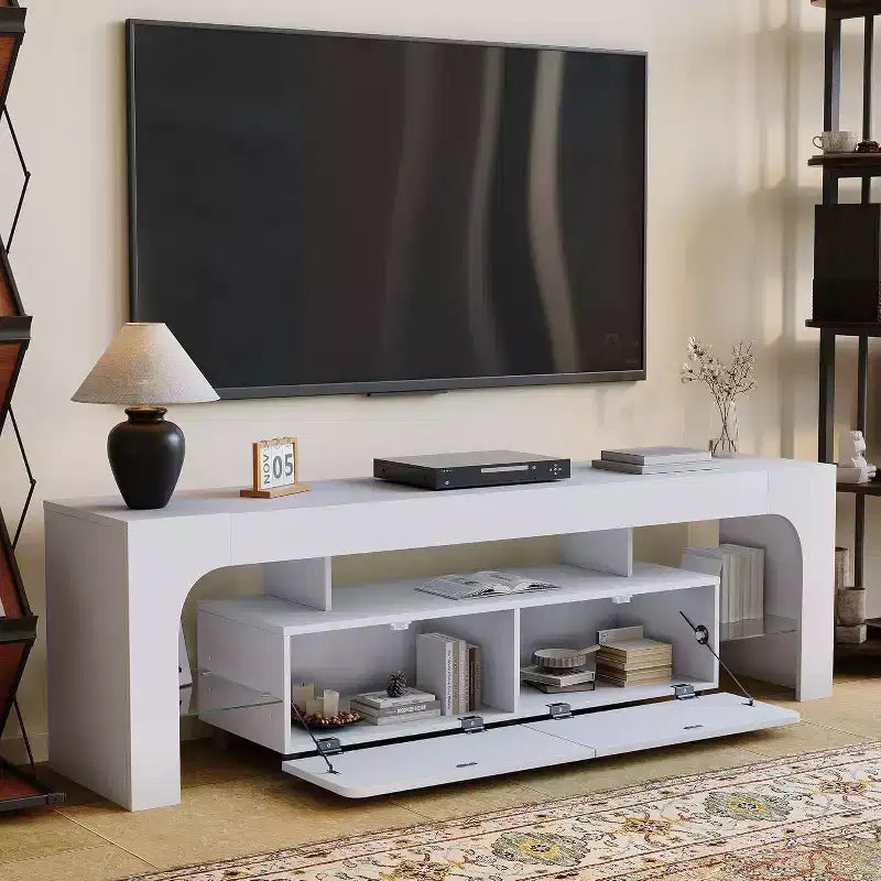 Meuble TV avec lumières LED, meuble TV moderne avec 2 tiroirs et étagère ouverte, console de rangement pour téléviseurs jusqu'à 70 pouces pour salon