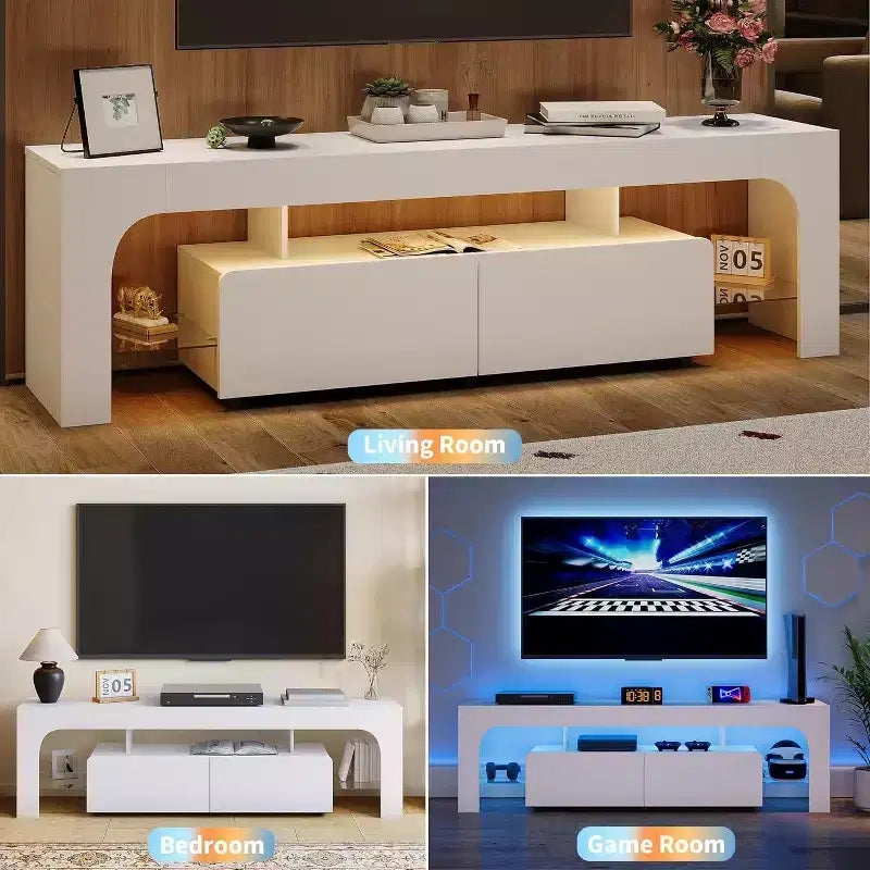 Meuble TV avec lumières LED, meuble TV moderne avec 2 tiroirs et étagère ouverte, console de rangement pour téléviseurs jusqu'à 70 pouces pour salon