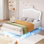 SC-1PC Cadre de lit double rembourré avec lumières LED, lit de princesse moderne rembourré avec tête de lit couronne blanc