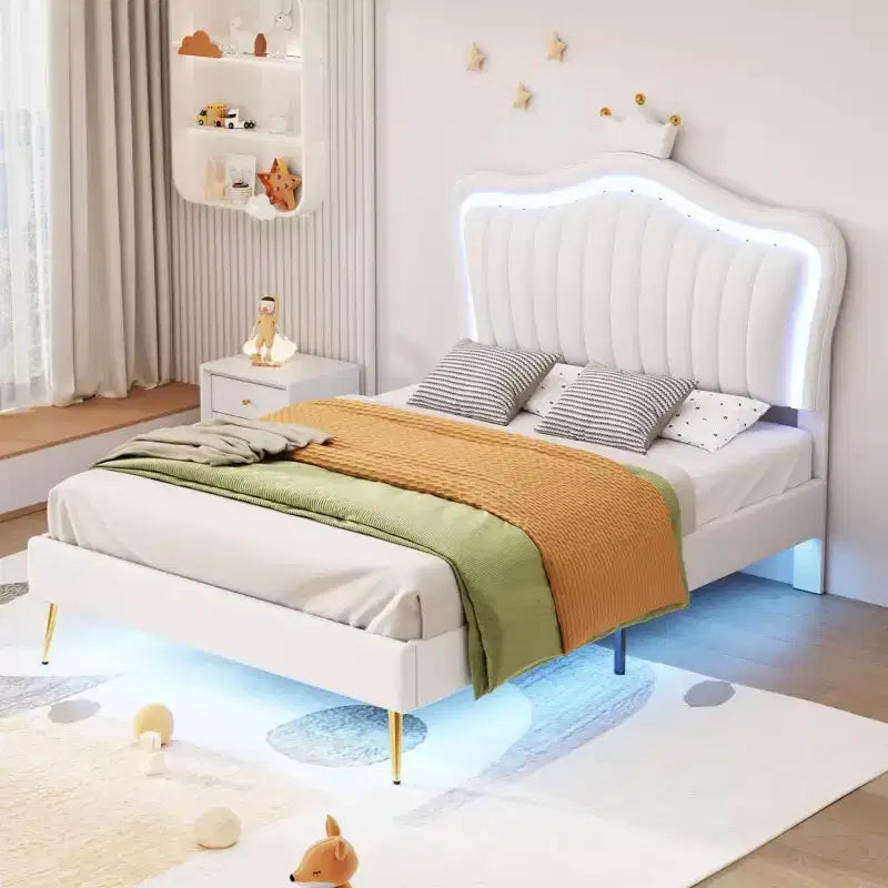SC-1PC Cadre de lit double rembourré avec lumières LED, lit de princesse moderne rembourré avec tête de lit couronne blanc