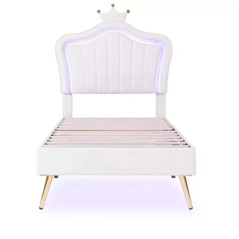 SC-1PC Cadre de lit double rembourré avec lumières LED, lit de princesse moderne rembourré avec tête de lit couronne blanc