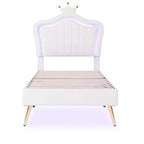 SC-1PC Cadre de lit double rembourré avec lumières LED, lit de princesse moderne rembourré avec tête de lit couronne blanc