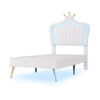 SC-1PC Cadre de lit double rembourré avec lumières LED, lit de princesse moderne rembourré avec tête de lit couronne blanc