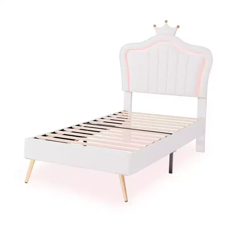 SC-1PC Cadre de lit double rembourré avec lumières LED, lit de princesse moderne rembourré avec tête de lit couronne blanc