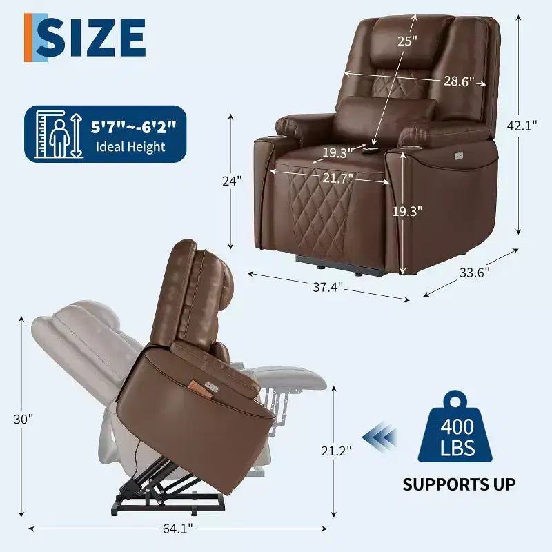 Fauteuil inclinable releveur Garvee Power, canapé en cuir PU avec ports de charge, porte-gobelets, aide à la station debout électrique, télécommande, marron