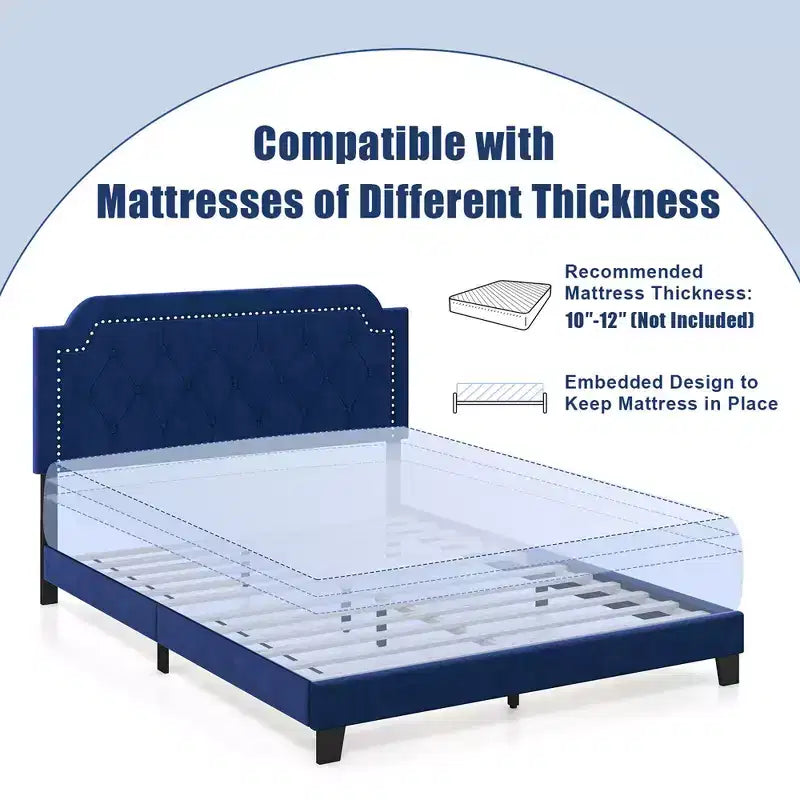 Lit plateforme Costway Queen Size en velours avec tête de lit capitonnée à boutons et clous décoratifs