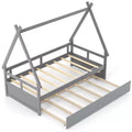 Costway Twin Size House Bed w/ Trundle Roof & Safety Guardrail Wood Slat Support Gray