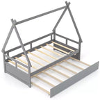 Costway Twin Size House Bed w/ Trundle Roof & Safety Guardrail Wood Slat Support Gray