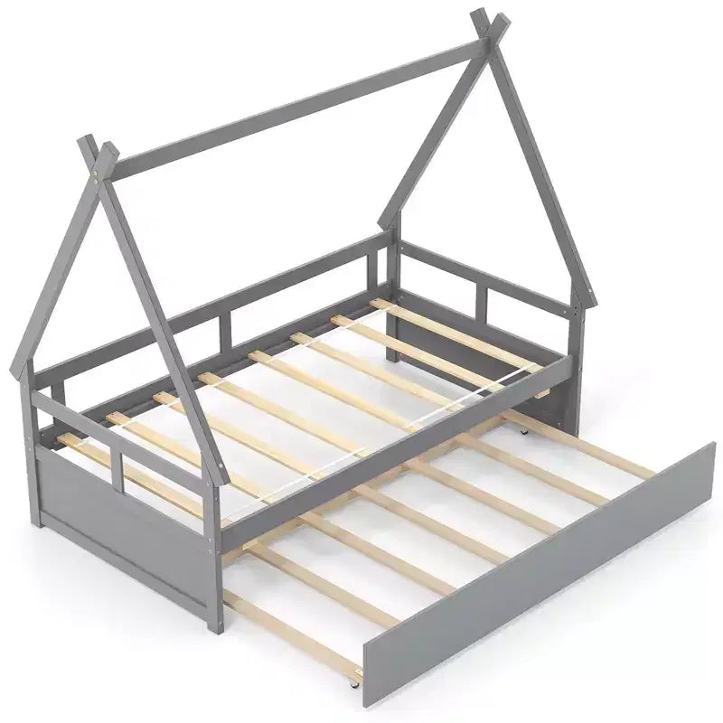 Costway Twin Size House Bed w/ Trundle Roof & Safety Guardrail Wood Slat Support Gray