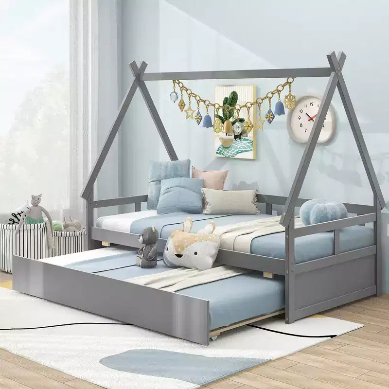 Lit de maison double Costway avec toit gigogne et barrière de sécurité, support à lattes en bois gris