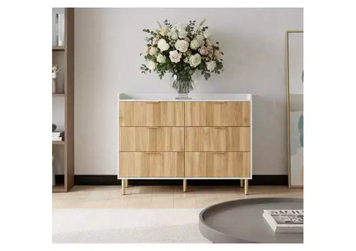 6-Drawer Dresser with Storage Rail, MDF Frame White & Natural Wood Finish, Gold Metal Legs