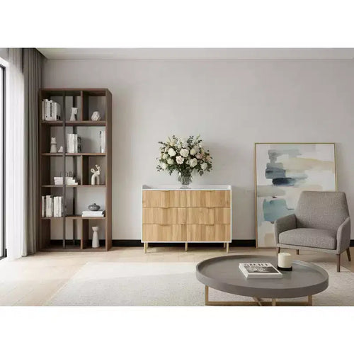 Commode 6 tiroirs avec tringle de rangement, cadre en MDF blanc et finition bois naturel, pieds en métal doré