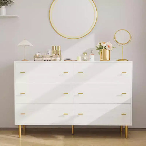 6 Drawers Dresser, Wood Rustic Chest of Drawers with Bar Handles, Vintage Design, Storage Dressers Organizer for Bedroom, Living Room, Hallway, White