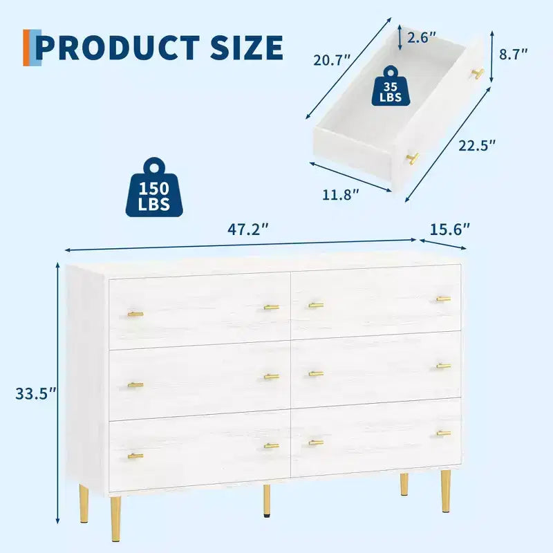Commode 6 tiroirs, commode rustique en bois avec poignées en barre, design vintage, organisateur de commodes de rangement pour chambre à coucher, salon, couloir, blanc